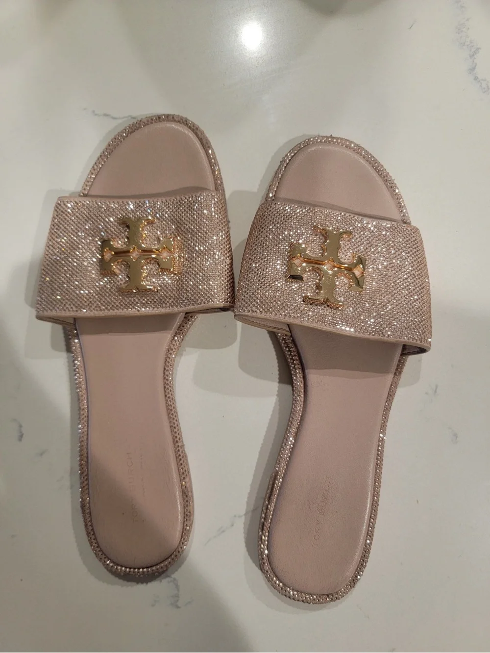 Tory Burch Women’s Glitter Logo Slide Sandals in Blush